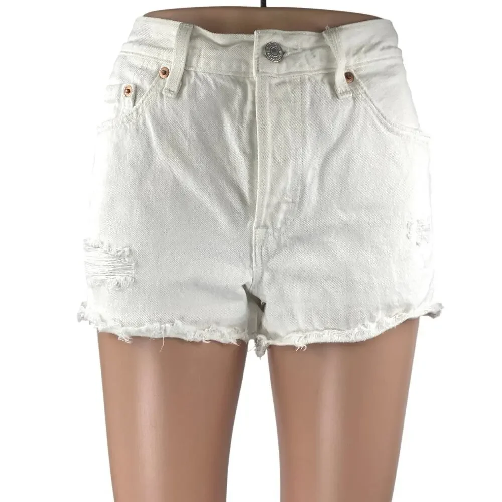 Levi's Women's White High Waisted Distressed Cut Off Denim Jean Shorts Size 28